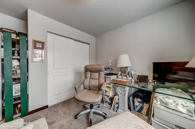 carpeted office space with a textured ceiling