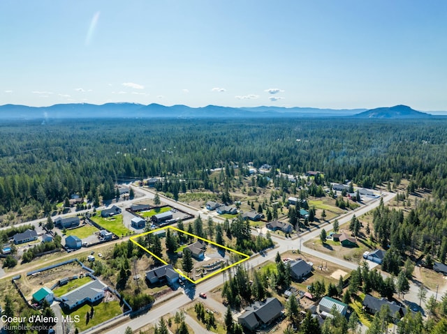 birds eye view of property featuring a mountain view and a forest view