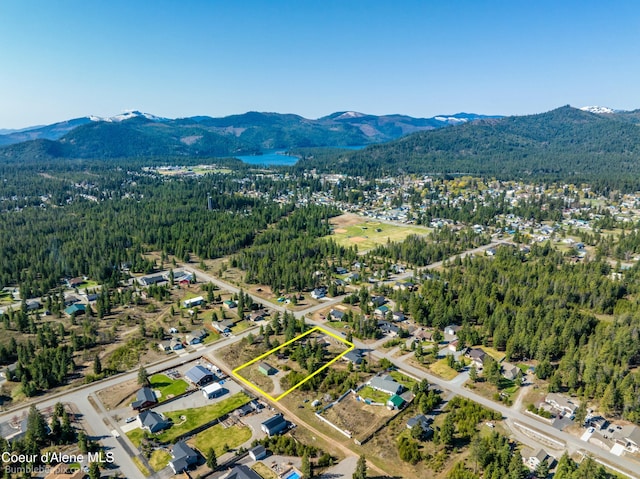drone / aerial view with a mountain view and a forest view
