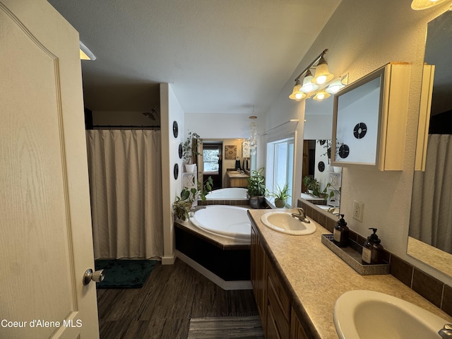 bathroom featuring vanity, a tub to relax in, and wood-type flooring