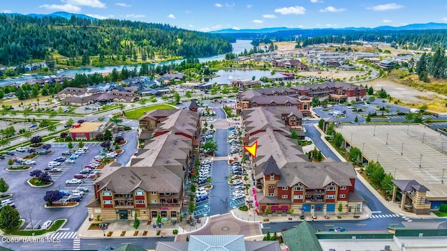 bird's eye view featuring a water and mountain view