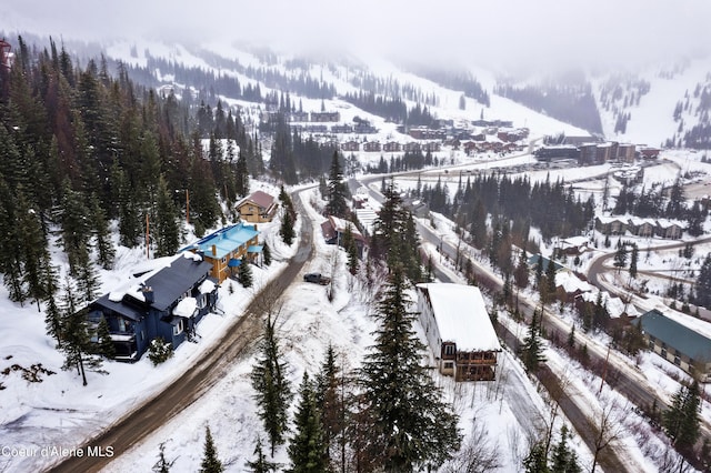 snowy aerial view featuring a mountain view