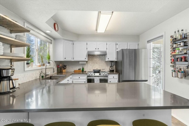 kitchen featuring white cabinetry, sink, kitchen peninsula, stainless steel appliances, and plenty of natural light