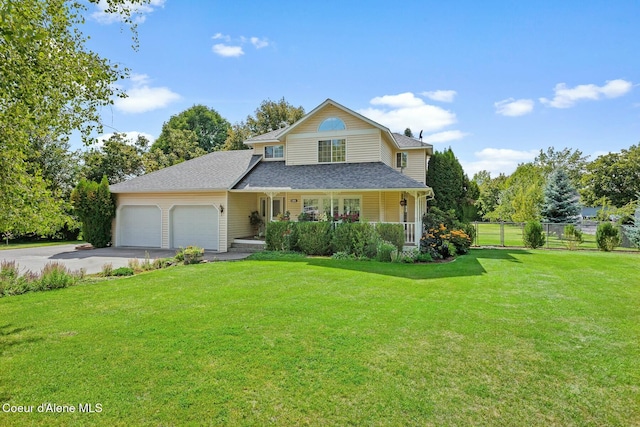 front facade featuring a porch, a garage, and a front lawn