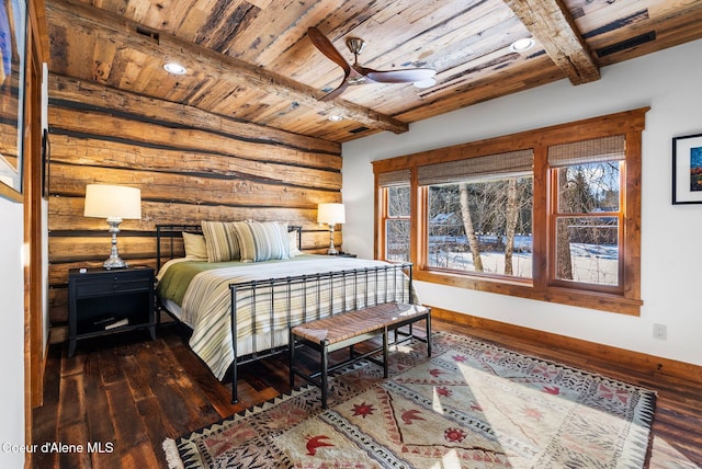 bedroom with dark wood-type flooring, wooden ceiling, and beam ceiling