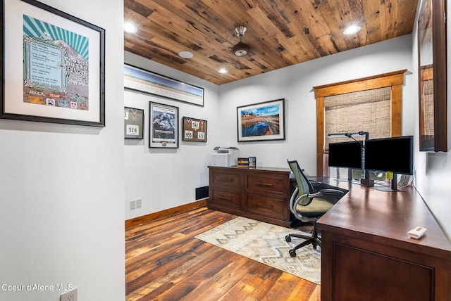 office space with dark hardwood / wood-style flooring and wood ceiling