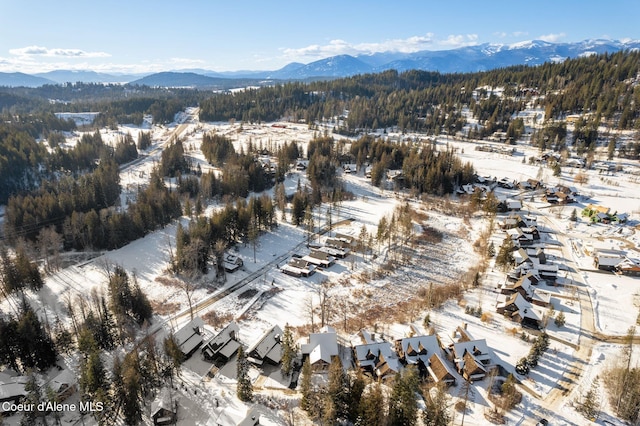 snowy aerial view with a mountain view