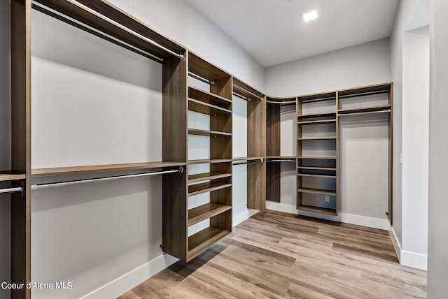 walk in closet with light hardwood / wood-style floors