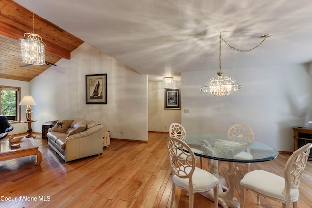 dining room with lofted ceiling, an inviting chandelier, wood ceiling, and light hardwood / wood-style floors