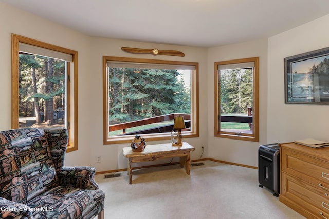 living area featuring light carpet