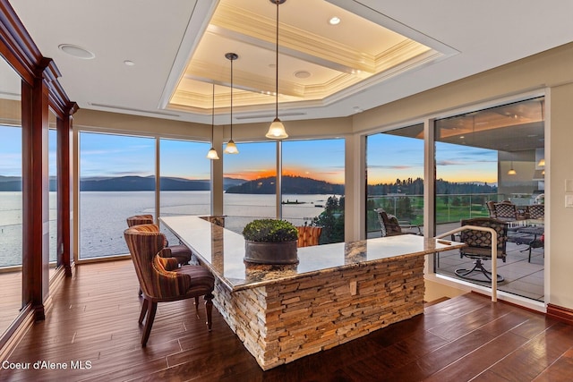 sunroom / solarium featuring a tray ceiling and a water and mountain view