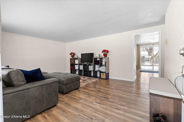 living area featuring a textured ceiling, baseboards, and wood finished floors