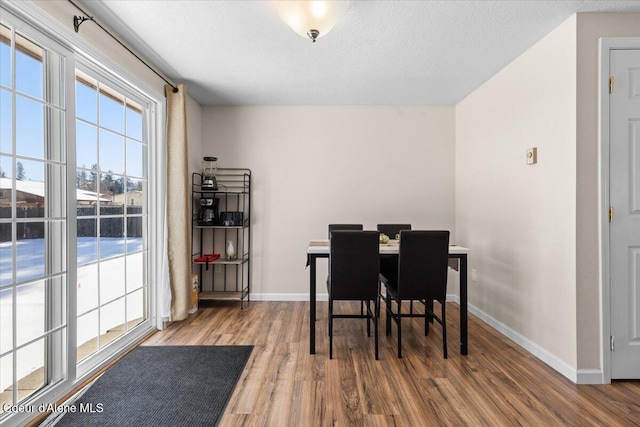 dining room with a textured ceiling, baseboards, and wood finished floors