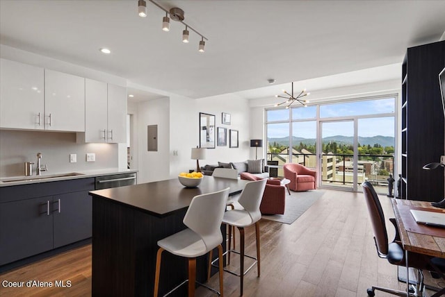 kitchen featuring white cabinetry, wood-type flooring, sink, a center island, and a mountain view