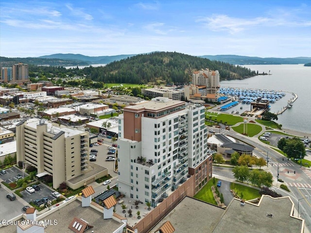 birds eye view of property with a water and mountain view