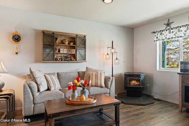 living room featuring hardwood / wood-style flooring and a wood stove