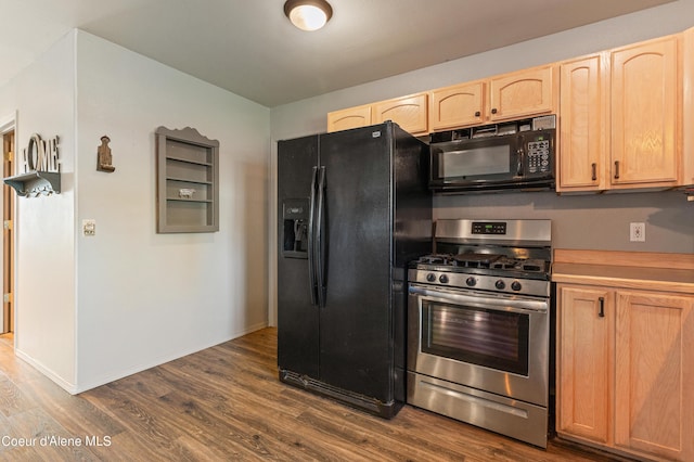 kitchen with dark wood-type flooring, light brown cabinets, and black appliances