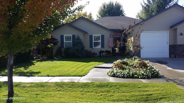 ranch-style house with a front yard, an attached garage, concrete driveway, and roof with shingles