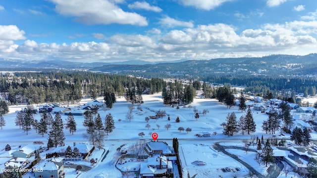 snowy aerial view featuring a mountain view