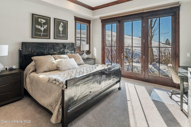 carpeted bedroom featuring ornamental molding and access to exterior