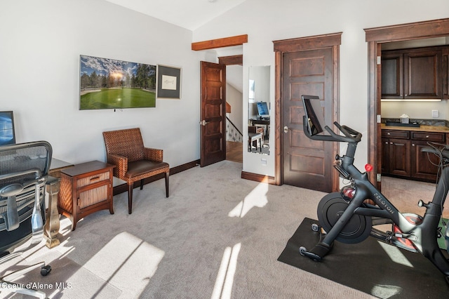 exercise room featuring vaulted ceiling and light carpet