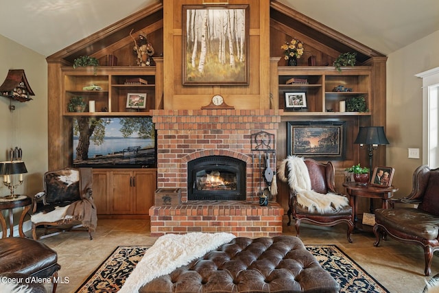 living room with vaulted ceiling and a brick fireplace