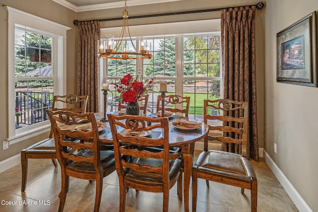 tiled dining area with ornamental molding and a notable chandelier