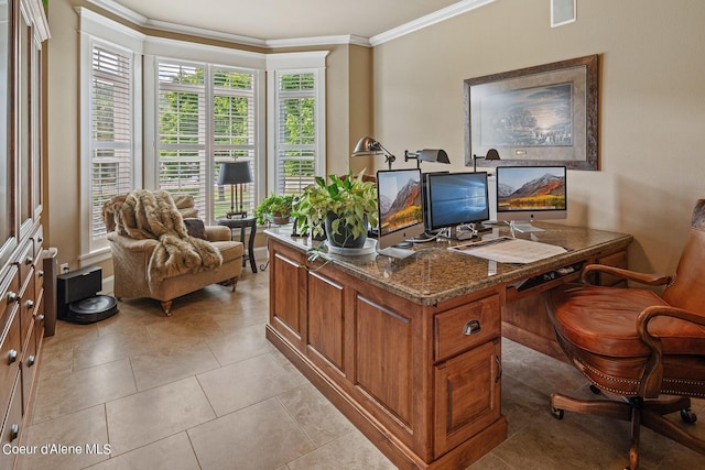 office space with crown molding and light tile patterned floors