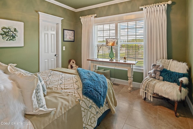 bedroom with crown molding and tile patterned floors