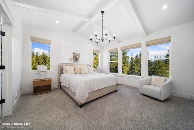 bedroom with lofted ceiling with beams, carpet flooring, and a notable chandelier