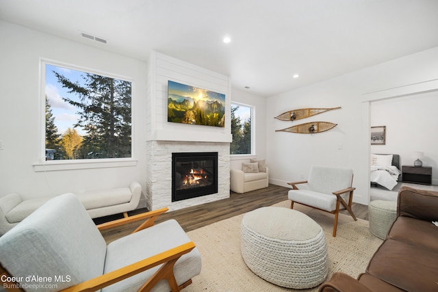 living room featuring dark wood-type flooring and a large fireplace