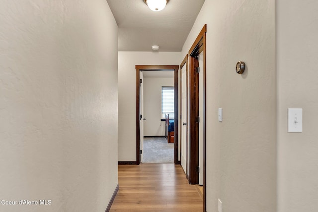 corridor featuring light wood finished floors, baseboards, and a textured wall