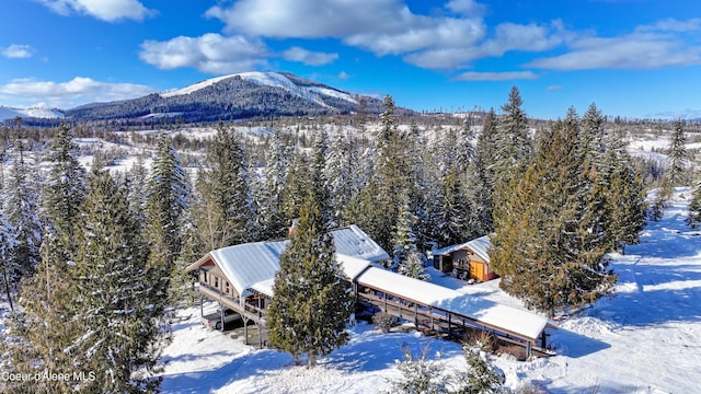 snowy aerial view with a mountain view