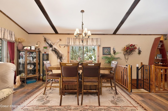 dining area with wood-type flooring, ornamental molding, and a chandelier