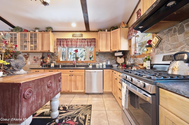 kitchen with a healthy amount of sunlight, appliances with stainless steel finishes, sink, and light tile patterned floors