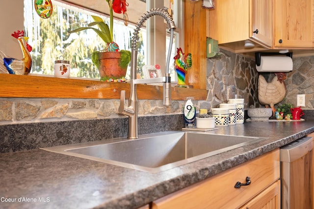 room details with tasteful backsplash, sink, and stainless steel dishwasher