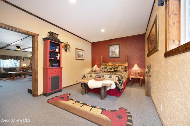 carpeted bedroom featuring crown molding