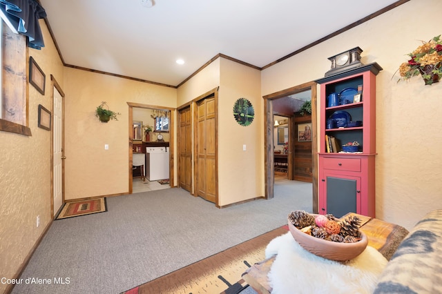 interior space with crown molding and light colored carpet