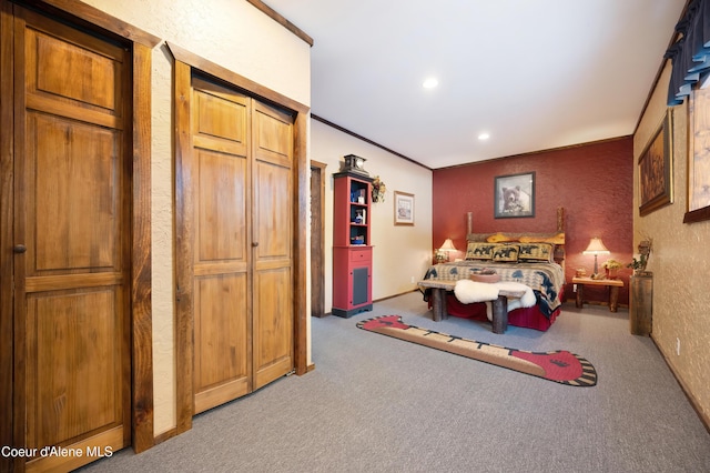 carpeted bedroom featuring crown molding