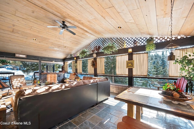 sunroom featuring wood ceiling, ceiling fan, and lofted ceiling