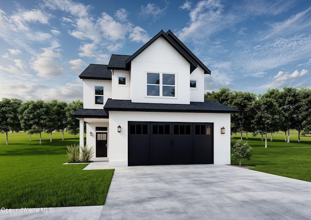 modern farmhouse style home with a garage and a front lawn