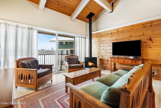 living room featuring a wood stove, wooden ceiling, light wood-style flooring, and beam ceiling