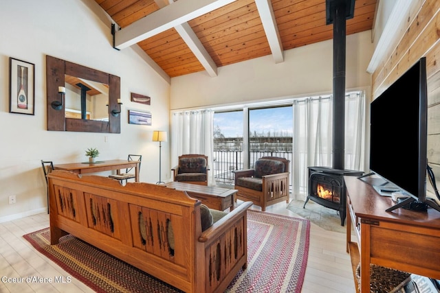 living room with wooden ceiling, baseboards, light wood finished floors, beamed ceiling, and a wood stove