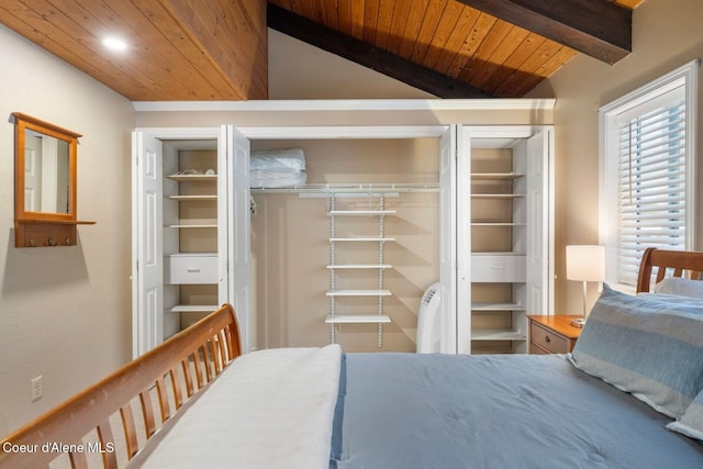 bedroom with wood ceiling and lofted ceiling with beams