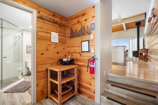 bathroom featuring a wood stove, wood walls, and wood finished floors