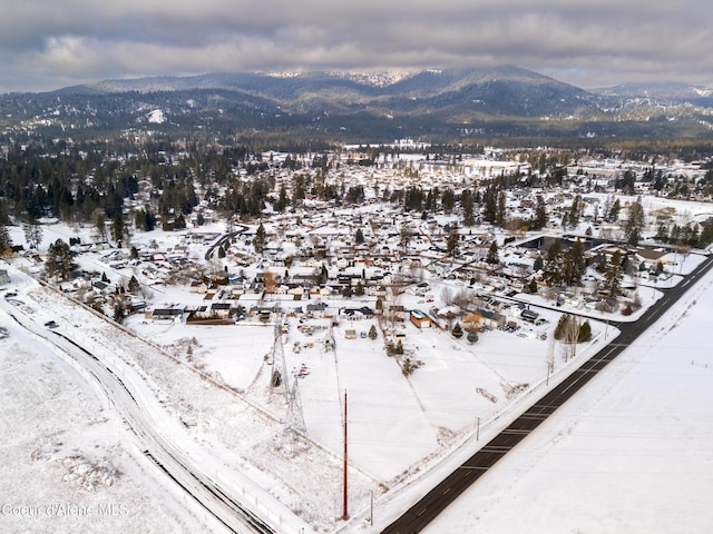 snowy aerial view featuring a mountain view