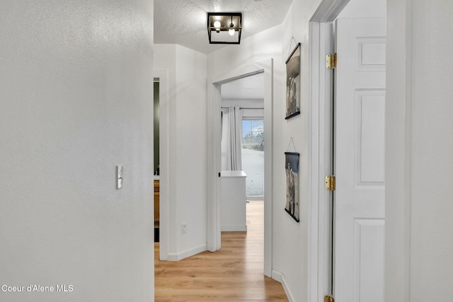 corridor featuring light hardwood / wood-style flooring and a textured ceiling