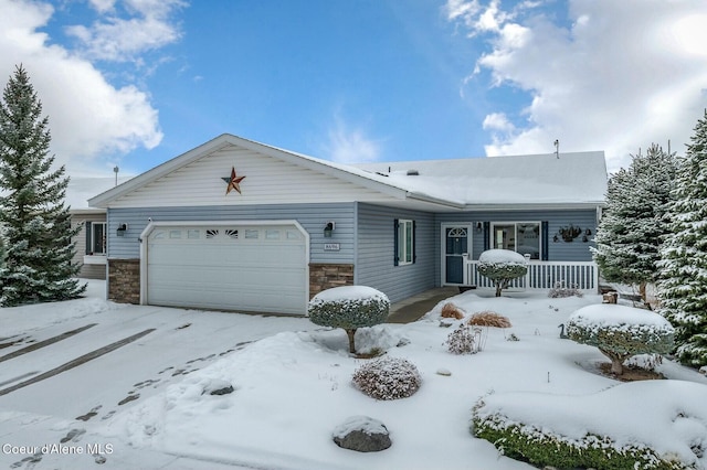 ranch-style home with stone siding, a porch, and an attached garage