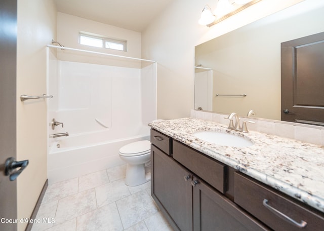 full bathroom featuring tile patterned floors, shower / washtub combination, toilet, and vanity