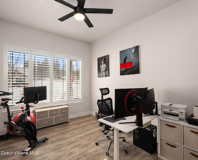 office featuring light wood-style flooring, baseboards, and a ceiling fan